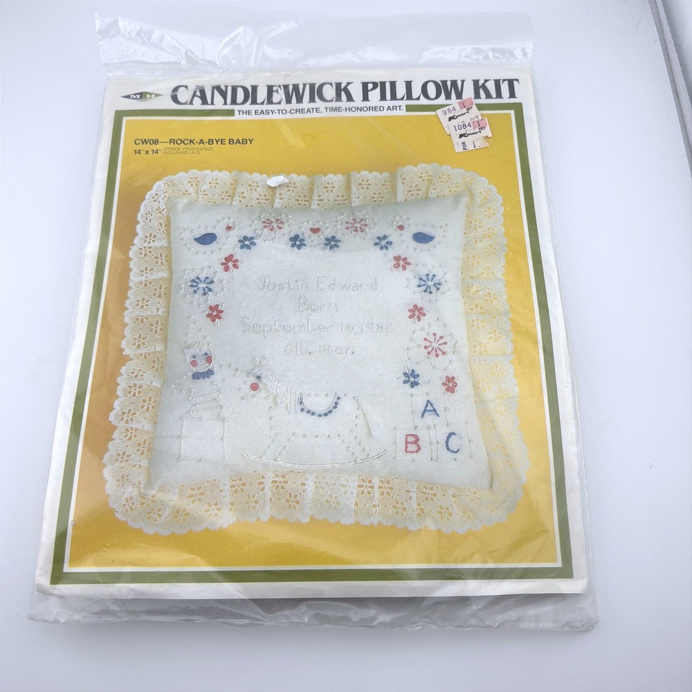 Vintage 1983 M.H. Yarns Candlewick Pillow Kit Rock-A-Bye Baby 14x14 New